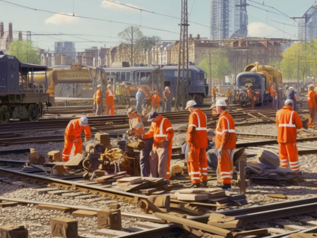 workers on railway construction site